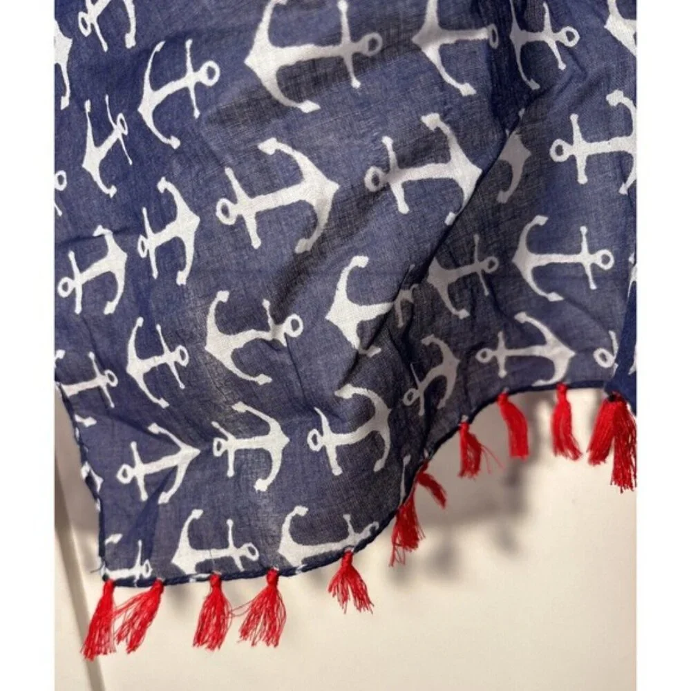 Lifestyle Taleen Anchor Print Scarf‎ With Tassels Navy & White
